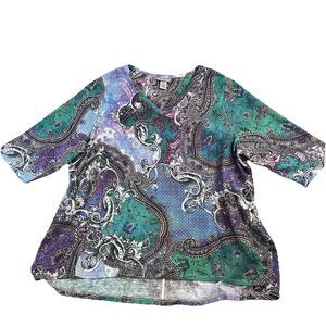 Catherines Paisley Blue Green Embellished Sequin Tunic Top 3/4 Sleeve Size 2X